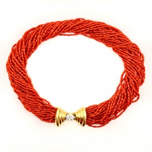 Estate 14 Karat Yellow Gold  Coral Strand Necklace With Approximately 10=0.50Tw Round Diamonds