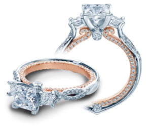 Verragio 18 Karat White/Rose Gold Couture Semi-Mount Engagement Ring With Princess& Round Diamonds 0.50  Total Diamond Weight