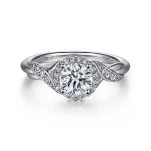 Gabriel & Co14 Karat White Gold  Vintage Inspired Halo Semi-Mount Engagement Ring With 0.14 Total Diamond Weight