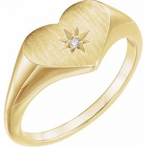 14 Karat Yellow Gold  Diamond Heart Signet Ring