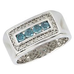 14 Karat White Gold  Channel Set 10mm Ring With 4=0.45Tw Round Treated Blue Diamonds And 28=0.27Tw Round Diamonds  Ring Size 10.5