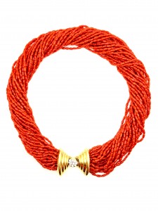 Estate 14 Karat Yellow Gold  Coral Strand Necklace With Approximately 10=0.50Tw Round Diamonds