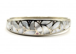 14 Karat White Gold ESTATE Mother of pearl, diamond & colored sapphire inlay  Bracelet
Bagley & Hotchkiss designer