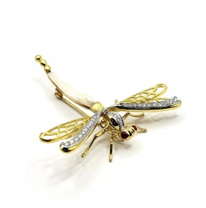 Estate Dragonfly 18 Yellow Gold Karat Diamond Brooch With Ruby Eyes & Pearl Tail