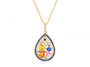 14 Karat Yellow Gold Double Halo Pear Shape Pendant With 2.26CT Various Shapes Sapphires And 0.20CT Round Diamonds
Length: 18