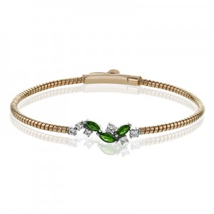 18 Karat White/Rose  Bangle Bracelet With 6=0.25Tw Round G Si1 Diamonds And 3=0.48Tw Marquise Emeralds