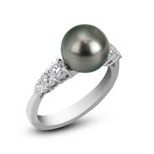Mikimoto 18 Karat White Gold Ring  9.00mm Round Black South Sea Pearl A+ With 6=0.47Tw Round Diamonds