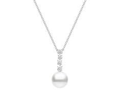 Mikimoto: 18 Karat White Gold Morning Dew  Pendant With 4=0.72Tw Round Diamonds And One 12.00mm Round White South Sea Pearl 19.5