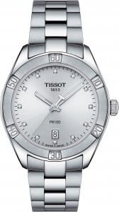 Tissot PR 100 Sport Chic (T101.910.11.036.00)
Band Materials: Stainless Steel
Case Shapes: Round
Display: Analog
Movements: Quartz
Dial Color: Silver
Watch Type: Bracelet
Features: Calendar/Date, Water Resistant, Diamond Accents, Luminous
Diameter