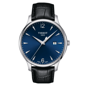 TISSOT TRADITION QUARTZ (T063.610.16.047.00)
Case 42mm/316L stainless steel case
Crystal Domed scratch-resistant sapphire crystal
Movement Swiss quartz/ETA F06.111
Functions EOL (battery end-of-life indicator)
Dial Blue with arabic and indexes
Strap