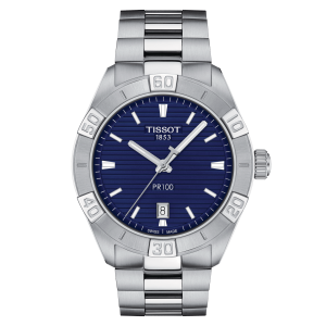 TISSOT PR 100 SPORT GENT QUARTZ (T101.610.11.041.00)
Case 40mm/316L stainless steel case
Crystal Scratch-resistant sapphire crystal
Movement Swiss quartz/ETA F06.115
Functions EOL (battery end-of-life indicator)
Dial  Blue with indexes
Strap details