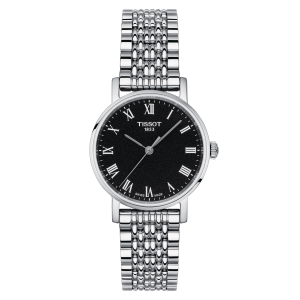 TISSOT EVERYTIME SMALL QUARTZ (T109.210.11.053.00)
Case 30mm/316L stainless steel case
Crystal Scratch-resistant sapphire crystal
Movement Swiss quartz/ETA 902.101
Dial  Black with roman
Strap details Stainless steel with jewellery clasp buckle
Wate
