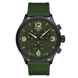 Tissot: Stainless Steel Black Pvd Quartz Chronograph Watch
Name: Chrono XL
Name Of Bracelet: Green Fabric
Clasp: Tang Buckle
Dial Color: Green
MM: 45
