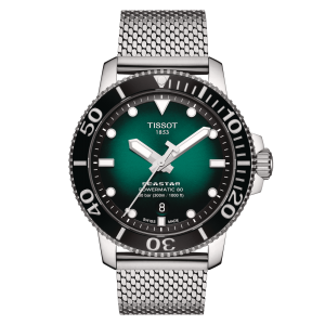 TISSOT: Stainless Steel Automatic Watch
Name: SEASTAR 1000
Clasp: Flip Lock
Finish: MESH
Dial Color: GREEN GRADIENT
MM: 43