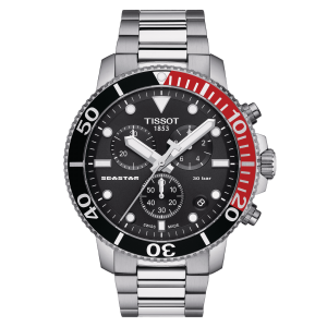 TISSOT: Stainless Steel Seastar 1000 Quartz Chronograph Watch 
Name Of Bracelet: Stainless Steel
Clasp: Flip Lock
Finish: Satin And Polish
Dial Color: Black
Mm: 45.5