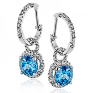 White 18 Karat Earrings With 88=0.39Tw Round G Si1 Diamonds And 2=3.06Tw Round Blue Zircons  Style Name  Classic Romance  Serial #  605793