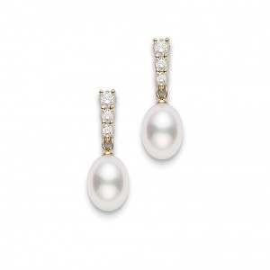 Mikimoto Morning Dew Akoya Cultured Pearl Earrings in 18K Yellow Gold 
With 2=8.00-8.50mm Round Akoya Pearls And 6=0.29Tw R Diamonds