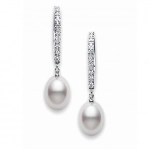 Mikimoto Classic Elegance Akoya Cultured Pearl Lever Back Earrings in 18K White Gold
With 2=7.50mm Round Pearls And 20=0.08ctw Round Diamonds