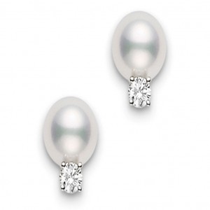 Mikimoto 18K White Gold Stud Earrings With 6.00-6.50mm A+ Quality Round Pearls And 0.06Tw Round Diamonds