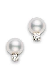 Mikimoto 18 Karat Yellow Pearl Earrings With 2=7.00-7.50mm Round A+ Pearls And 2=0.10Tw R Diamonds