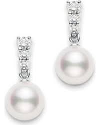 Mikimoto Morning Dew Akoya Cultured Pearl Earrings in 18K Yellow Gold 
With 2=8.00-8.50mm Round Akoya Pearls And 6=0.29Tw R Diamonds