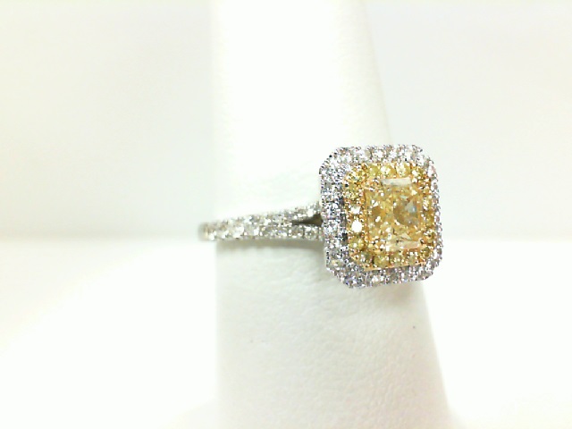 Forevermark: 18 Karat White/Yellow Gold Halo Ring With One 0.51ct Forevermark Radiant Yellow Diamond(FM 1337169), 60=0.36tw Round (not Forevermark) Diamonds And 18=0.10tw Round (not Forevermark) Yellow Diamonds