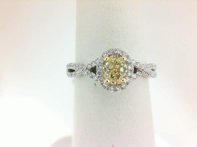 18 Karat White Gold Ring With One 0.50Ct Oval Si2 Yellow Diamond And 60=0.45Tw Round G/H SI1-2 Diamonds