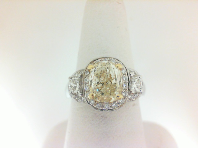 18 Karat Two-Tone  Ring With 60=0.83tw Round Diamonds And One 1.59ct Cushion Yellow Diamond