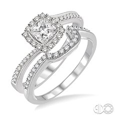14 Karat White Gold  Milgrain Bridal Set Engagement Ring With One 0.20ct Princess H/I SI3-I1 Diamond, 34=0.25tw Round H/I SI3-I1 Diamonds and 24=0.15tw Round H/I SI3-I1 Diamonds