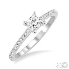 14 Karat White Gold Engagement  Ring With One 0.40Ct Princess H/I Si3-I1 Diamond And 24=0.10Tw Round H/I Si3-I1 Diamonds