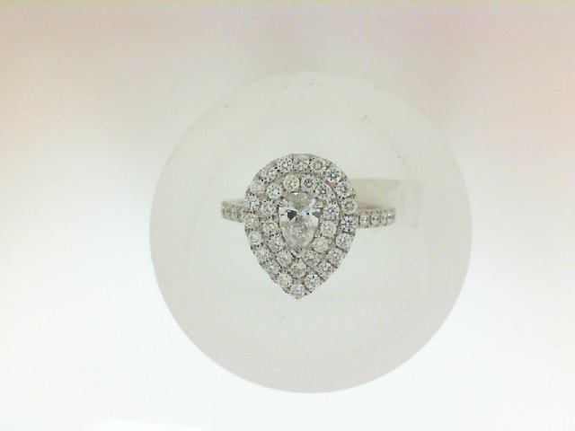 14 Karat White Gold Double Halo Ring With One 0.30Ct Pear F Si2 Diamond And 47=0.64Tw Round Diamonds