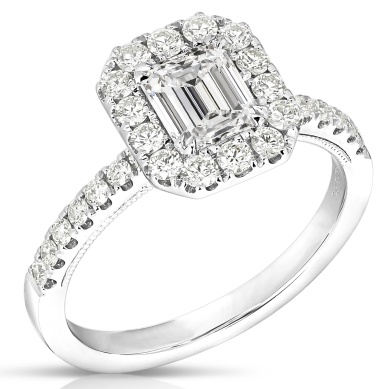 14 Karat White Gold Engagement Ring With One 0.71Ct Emerald Diamond And 28=0.45Tw Round Diamonds