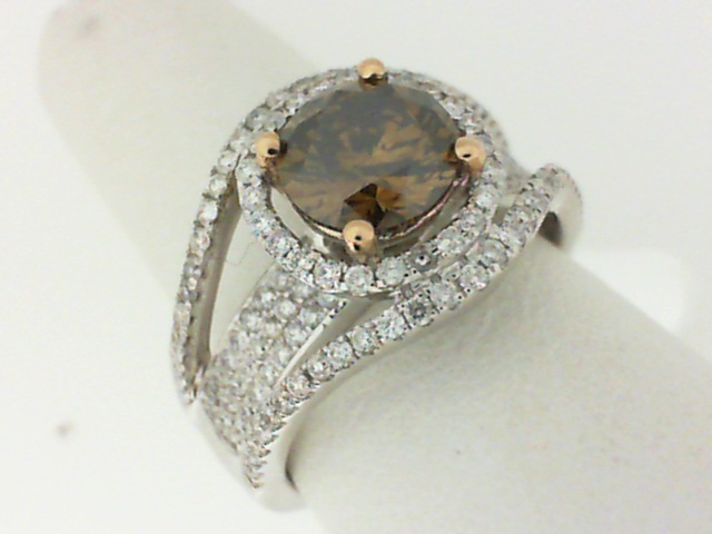 White 14 Karat  Ring With One 1.61Ct Round Cognac Diamond And 0.90Tw Round Diamonds