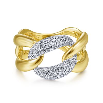 Gabriel & Co:14 Karat White-Yellow Gold Large Chain Link Diamond Station Ring With 62 Round Diamonds At 0.46 Total Diamond Weight