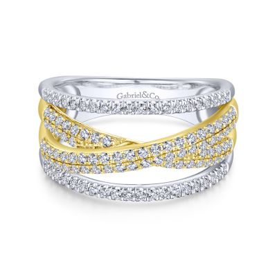 Gabriel & Co: 14 Karat Yellow And White Gold Criss Crossing Multi Row Diamond Ring 0.63 Ct