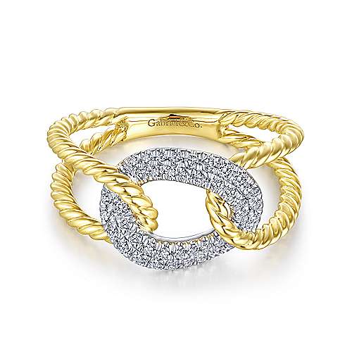 Gabreil & Co 14 Karat Yellow And White Gold Twisted Rope Link Ring With Diamond Pavé Station 0.26 ct