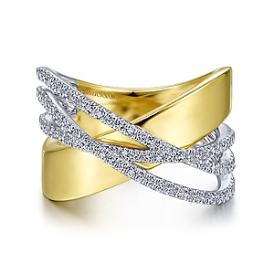 Gabriel & Co:14 Karat Yellow And White Gold Polished Criss Cross Ring 0.46 Total Diamond Weight