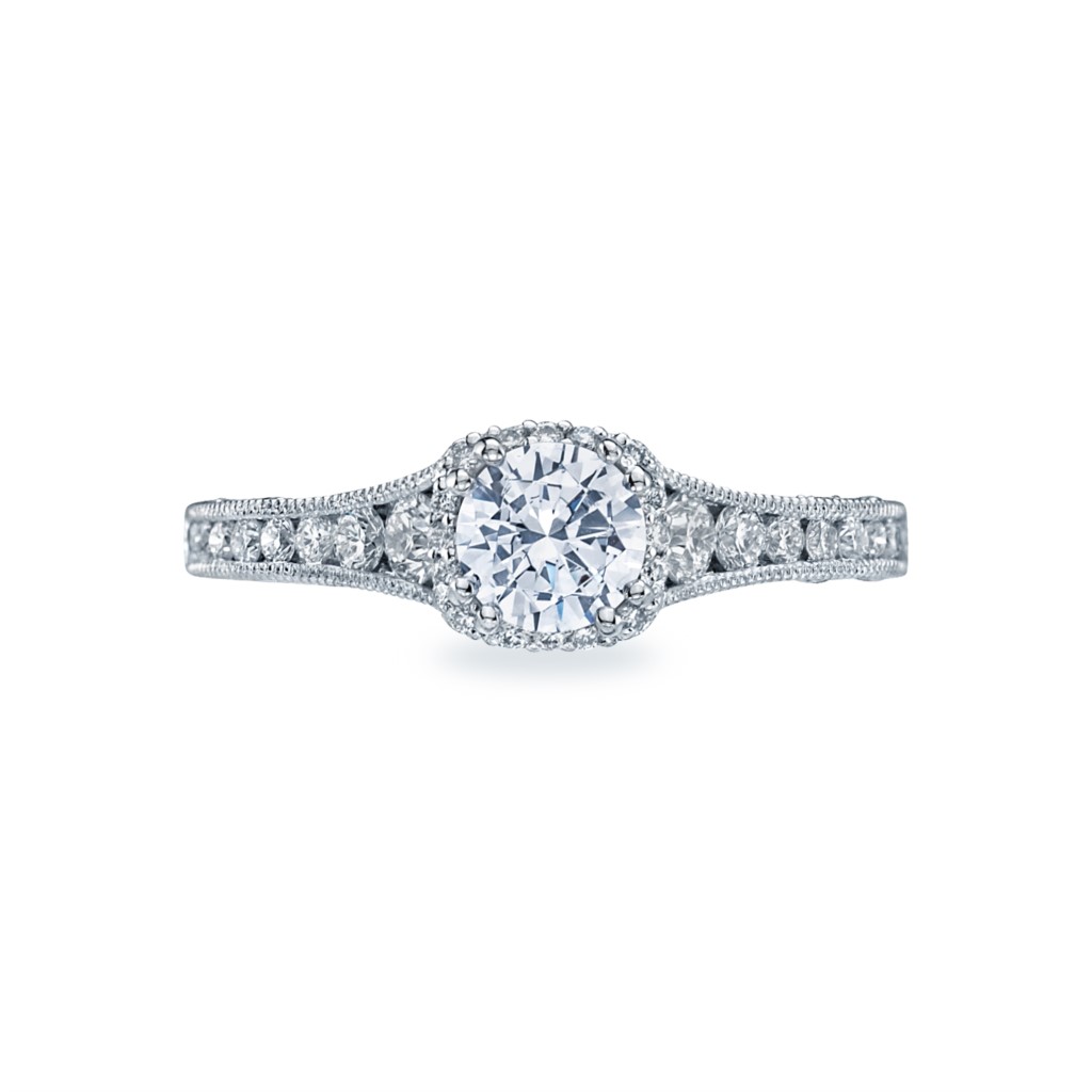 Tacori: 18 Karat White Gold Reverse Crescent Milgrain Edge Semi-Mount Ring With .66Ctw Round Diamonds 
*Setting only, center stone not included
For  7mm Center