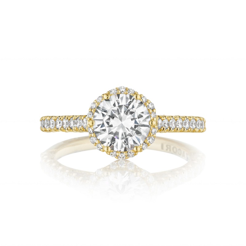 Tacori: 18 Karat Yellow Gold Petite Crescent  Semi-Mount Ring With .50Tw Round Diamonds
For 7mm Center