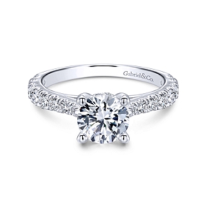 Gabriel & Co:14 Karat White Gold Tapered Semi-Mount Ring With 18  Round G/H Si1-2 Diamonds At 0.55 Total Diamond Weight 
*Setting only, center stone not included