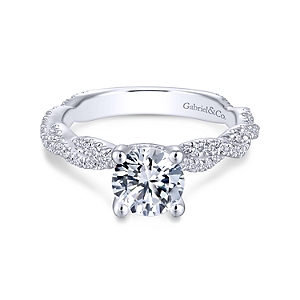 Gabriel & Co:14 Karat White Gold Twisted Semi-Mount Ring With 92 Round G/H SI1-2 Diamonds At 0.47 Total Diamond Weight 
*Setting only, center stone not included