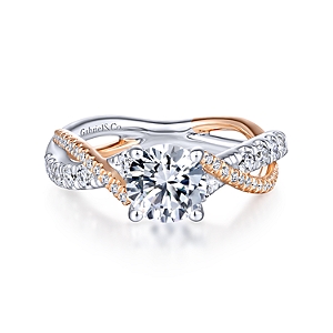 Gabriel & Co:14 Karat White & Rose Gold Twisted Semi-Mount Ring With 52 Round G/H SI1-2 Diamonds At 0.42 Total Diamond Weight  
*Setting only, center stone not included
