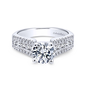 Gabriel & Co:14 Karat White Gold Wide Band Semi-Mount Ring With 42 Round G/H SI1-2 Diamonds At 0.50 Total Diamond Weight   
*Setting only, center stone not included