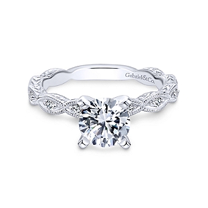 Gabriel & Co:14 Karat White Gold Semi-Mount Ring With 10 Round G/H SI1-2 Diamonds At 0.12 Total Diamond Weight  
*Setting only, center stone not included