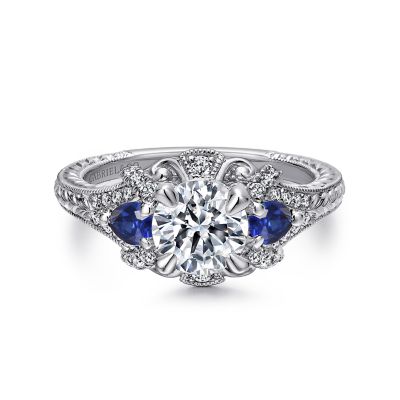Gabriel & Co 14 Karat White Gold Engraved 0.38 Ct Sapphire And 0.23 Ct Diamond Semi Mount Enagement Ring
*Setting only, center stone not included
