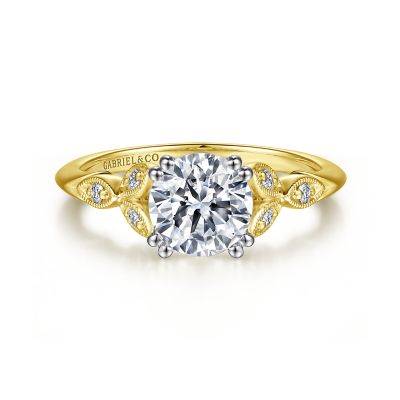 Gabriel & Co 14 Karat Yellow and White Gold Vintage Inspired Diamond Semi-Mount Engagement Ring 0.07 ct