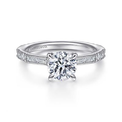 Gabriel & Co 14 Karat White Gold Baguette And Round Brilliant Cut Diamond Sermi-Mount 0.64 Ct
*Setting only, center stone not included