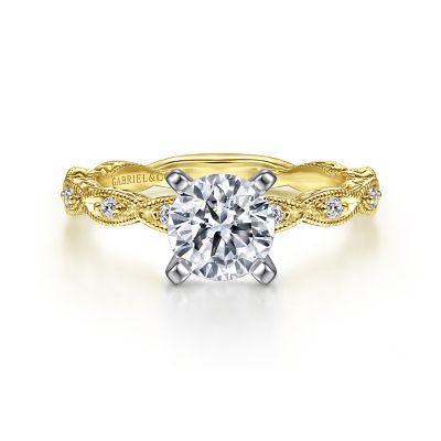 Gabriel & Co:14 Karat Yellow Gold Engraved Semi-Mount With 10 Round G/H SI1-2 Diamonds At 0.12 Total Diamond Weight 
*Setting only, center stone not included