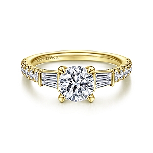 Gabriel & Co:14 Karat Yellow Gold Semi-Mount With 4 Baguette And 68 Round GH/SI1-2 Diamonds At 0.67 Total Diamond Weight 
*Setting only, center stone not included