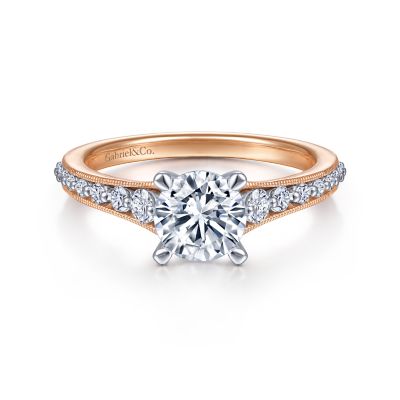 Gabriel & Co:14 Karat White-Rose Gold Semi-Mount Ring With 60 Round Diamonds At 0.49 Total Diamond Weight 
*Setting only, center stone not included